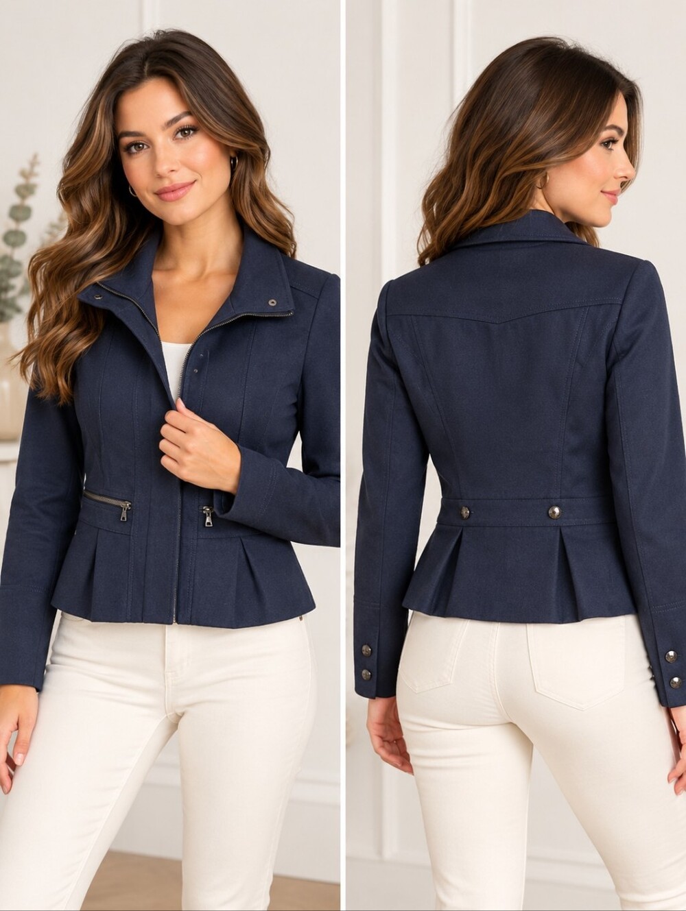 EUC Express Navy Tailored Moto Jacket Blazer Zip Snap Double Closure Women's M